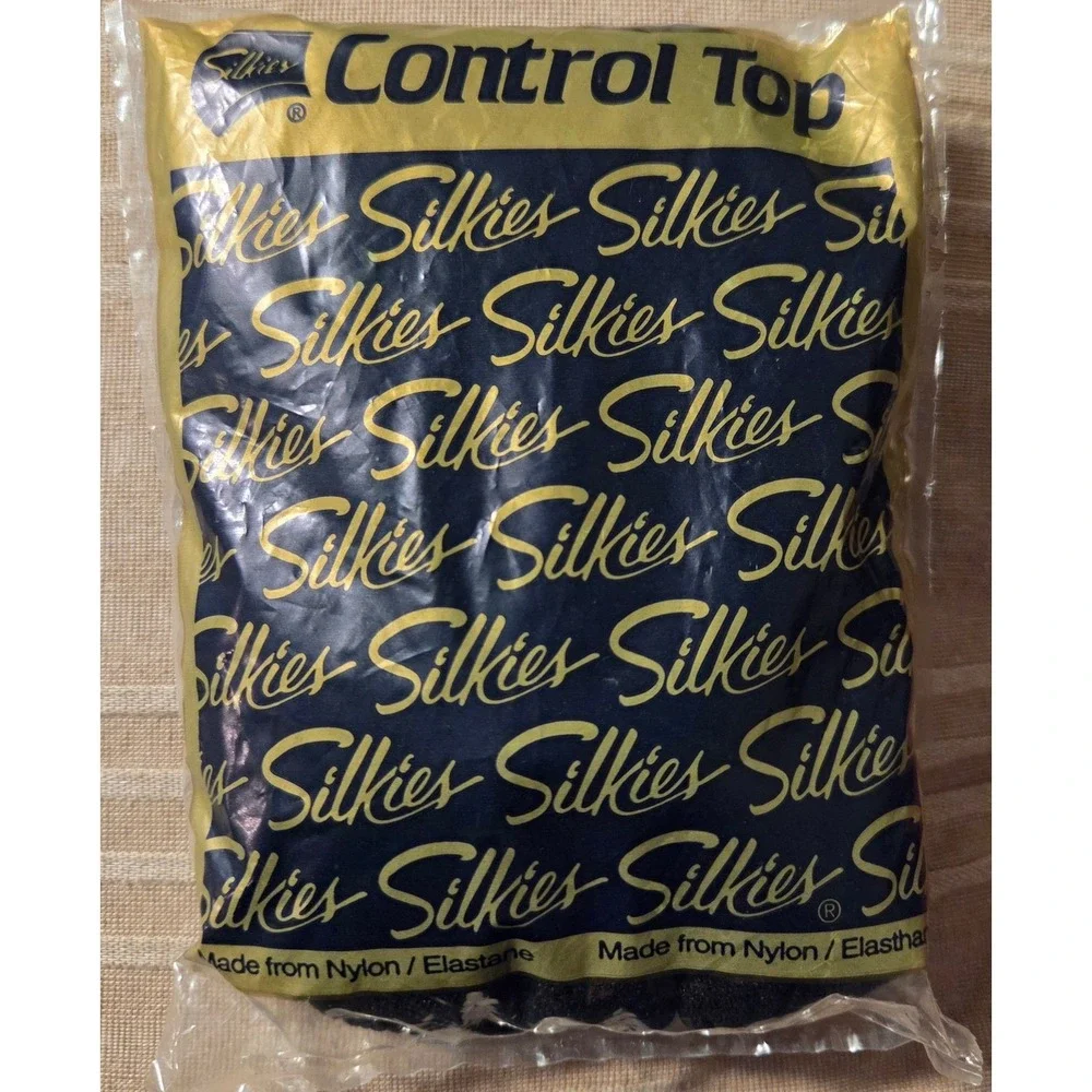NOS Vintage Silkies‎ Control Top Pantyhose Jet Black XL 070508/758 Made in USA